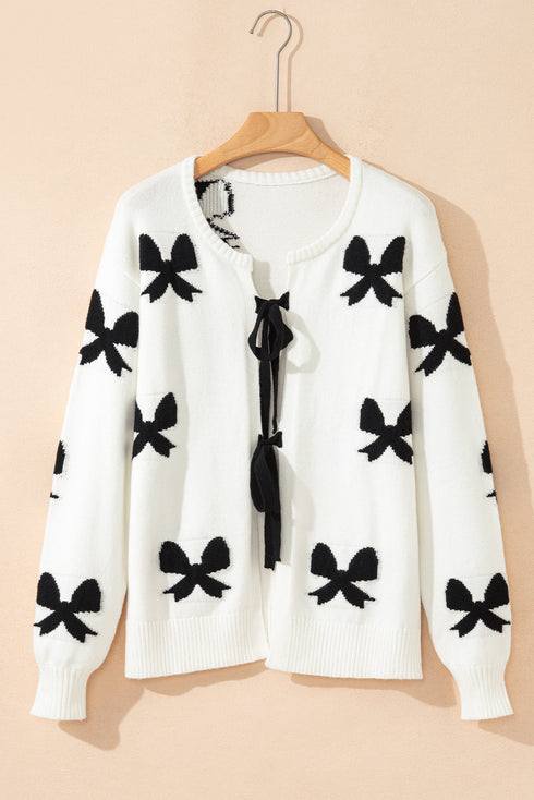 Ribbon Tie Front Bow Jacquard Knit Cardigan